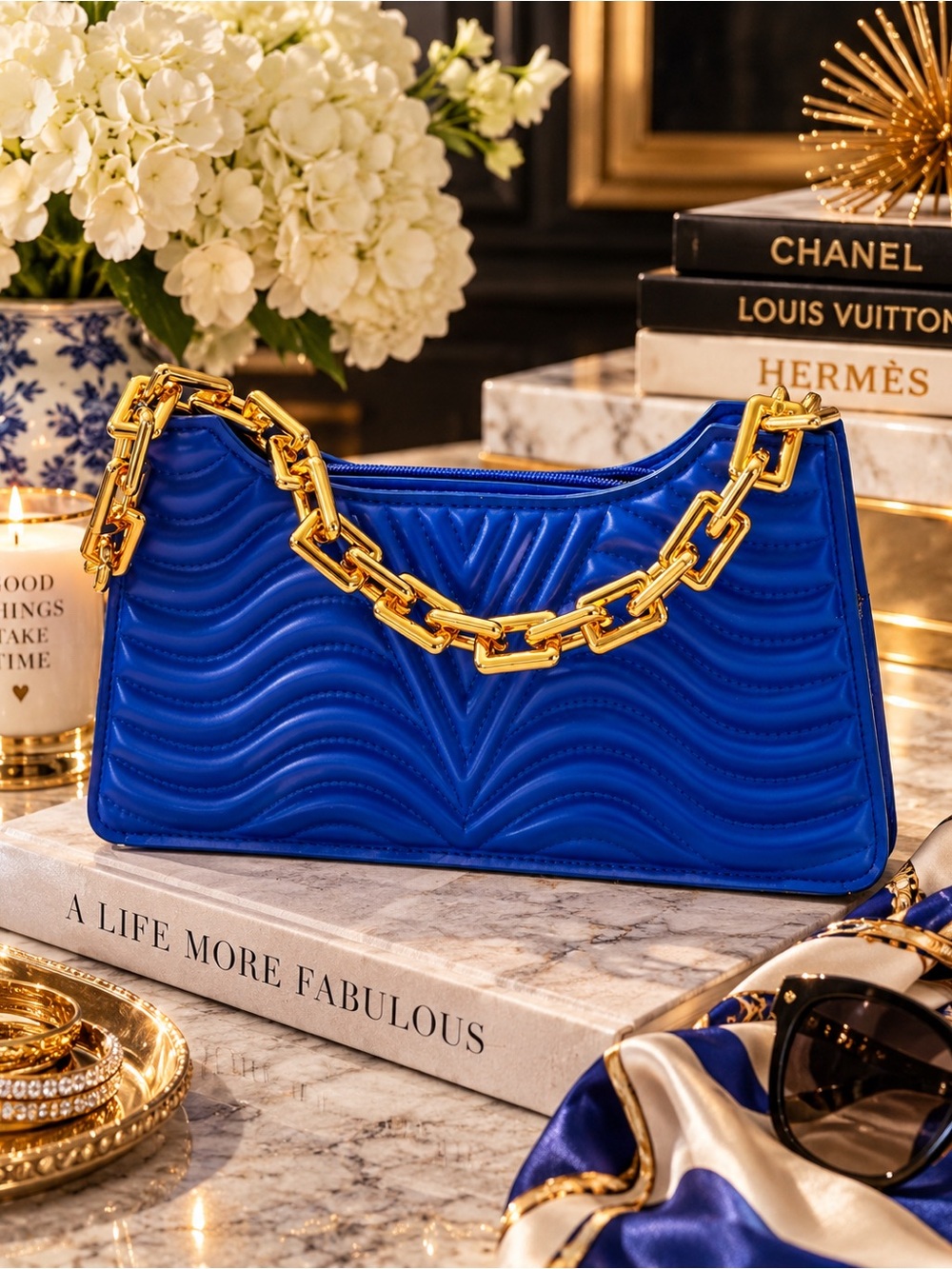 Blue Quilted Shoulder Bag with Gold Chain